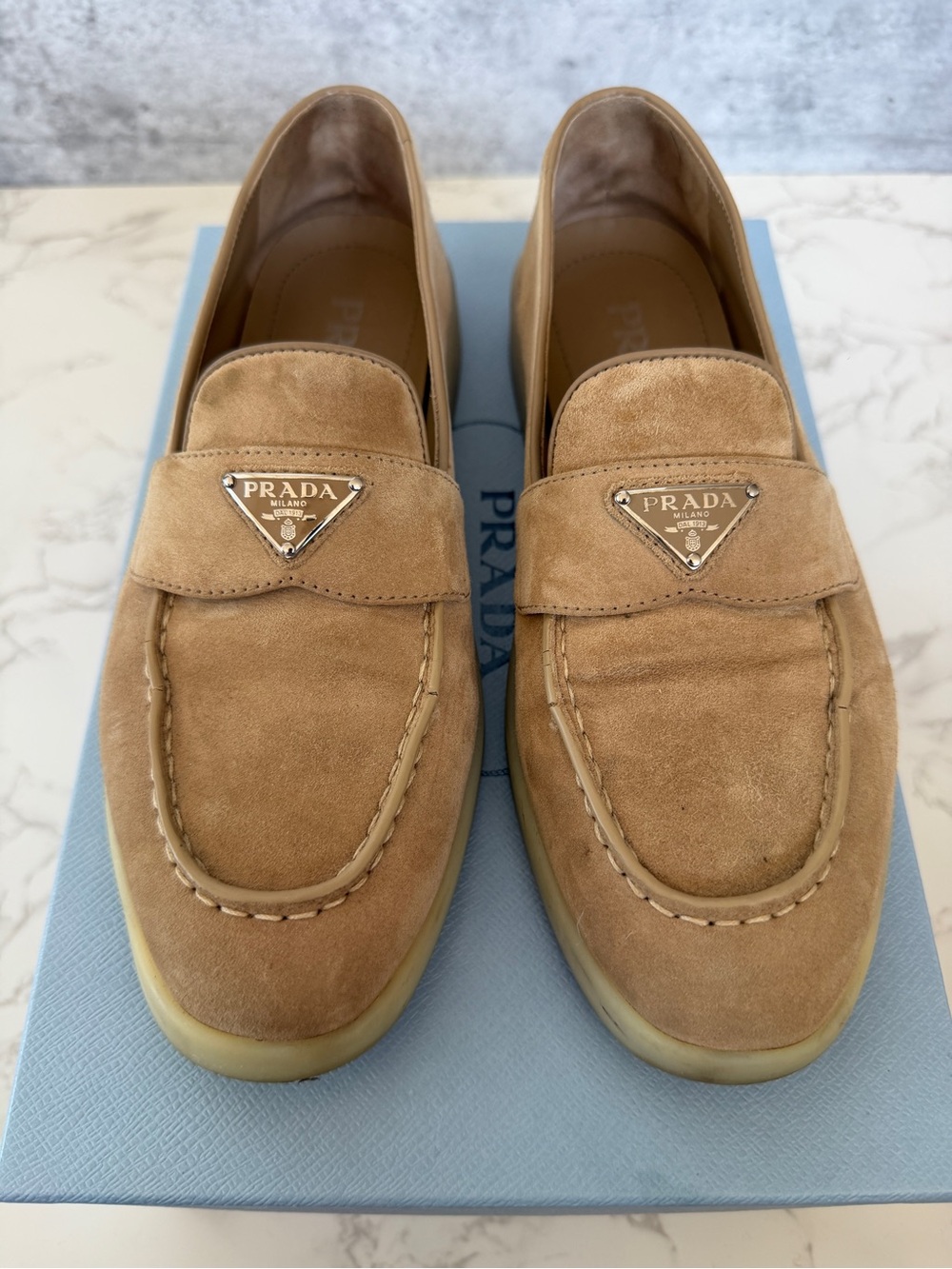 Prada Women’s Beige Suede Penny Loafers with Silver Logo - Picture 2 of 4